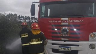 Corpo de Bombeiros Voluntários é acionado para combater incêndio florestar no km 350 da BR-116 em Tapes