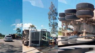 Em Chuvisca, caminhão tomba e derrama óleo pela pista da RS-350