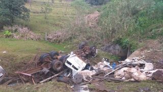 Caminhão com carga animal tomba na curva da morte, na ERS-122, entre Farroupilha e São Vendelino.