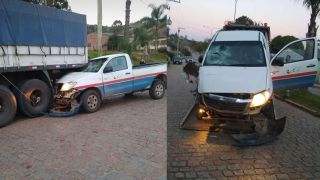 Sol atrapalha visão e camionete da CEEE bate em carreta parada